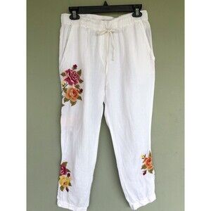 Johnny Was JW Los Angeles Joggers Pants M White Linen Embroidered Floral Beach